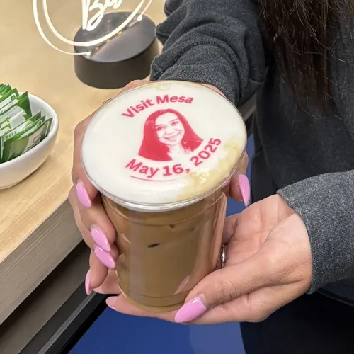 Get a custom image on coffee foam with our custom coffee cart